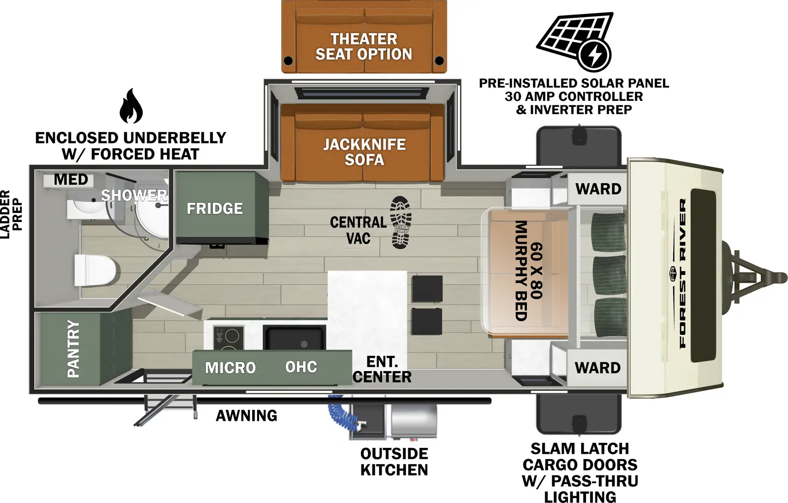 The No Boundaries NB19.6 has one entry and one slide out. Exterior features include: fiberglass exterior and 16' awning. Interiors features include: murphy bed.